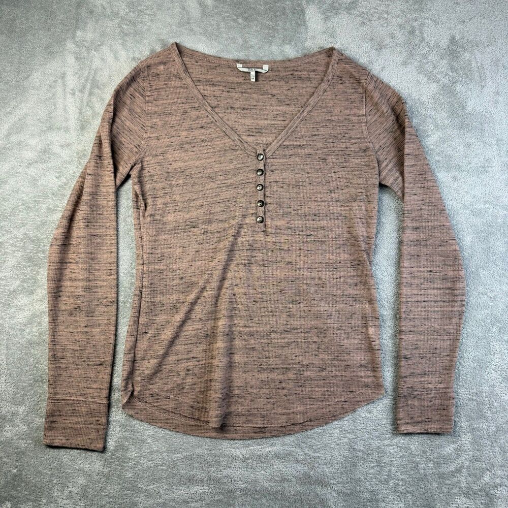 BKE Shirt Womens Medium Brown Henley Long Sleeve Waffle Button Comfy Stretch Top
